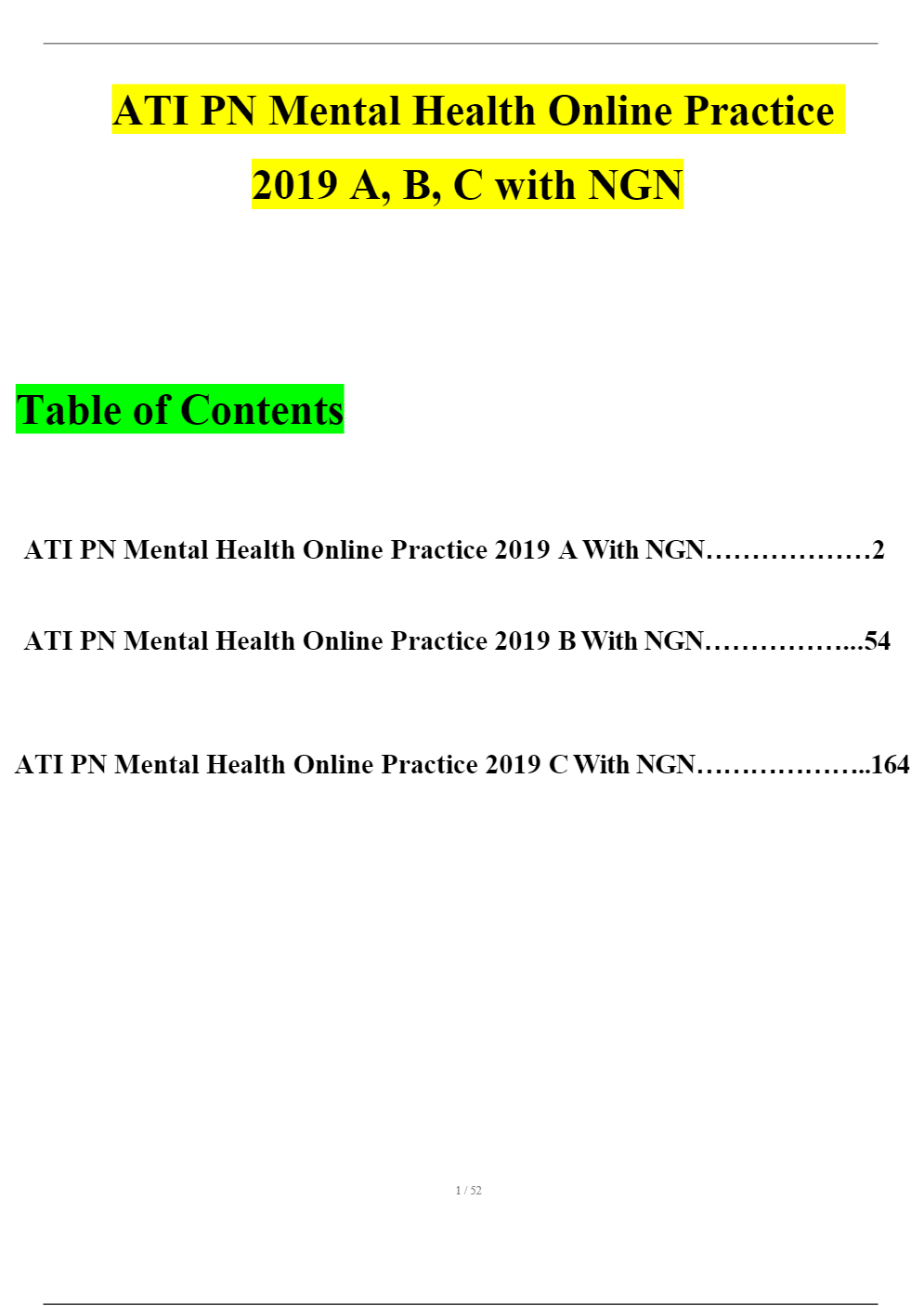 ATI PN Mental Health Online Practice 2019 A, B, C with NGN Questions