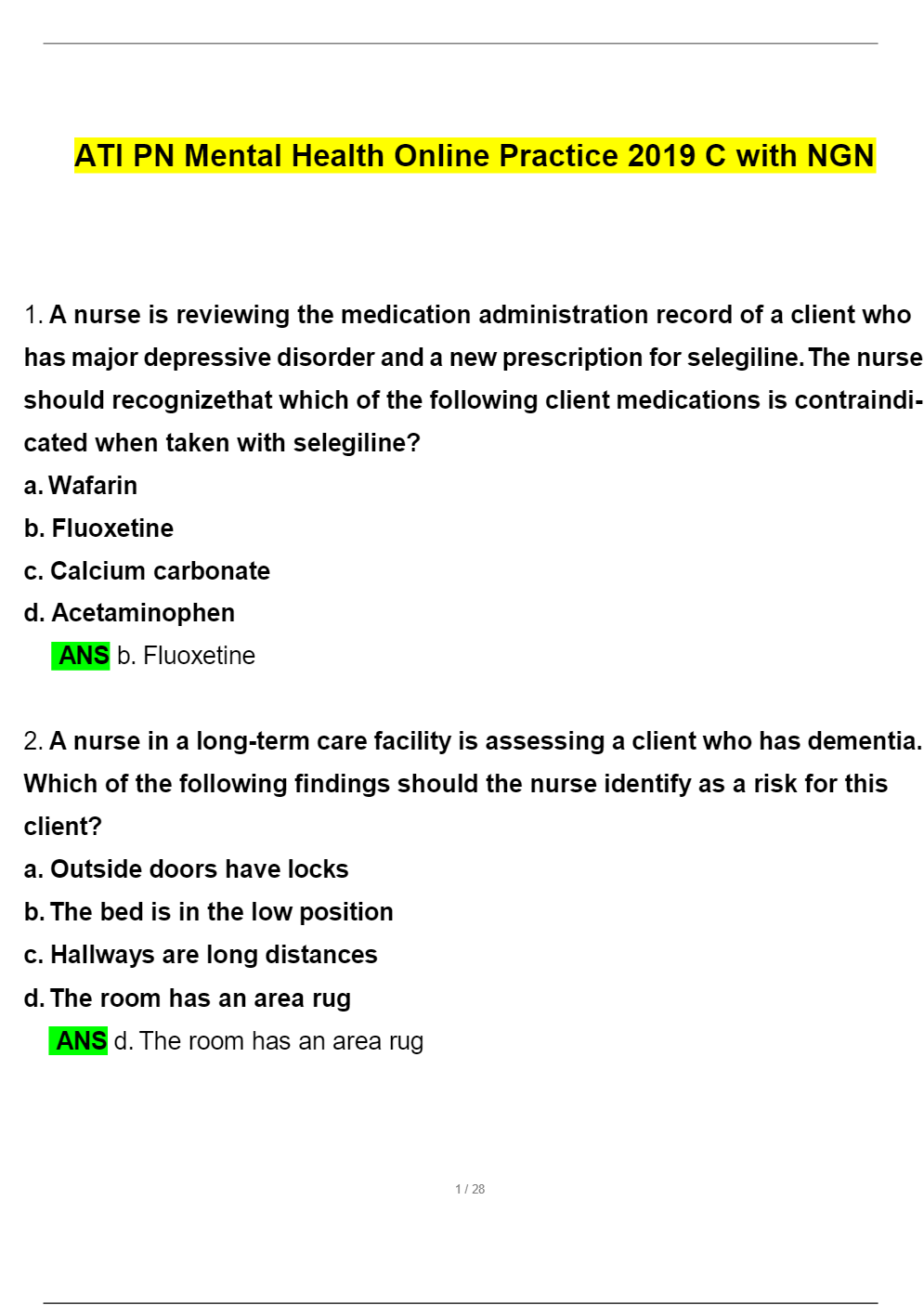 ATI PN Mental Health Online Practice 2019 B with NGN Questions and
