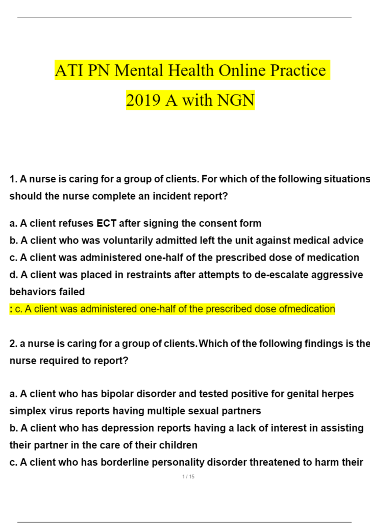 ATI PN Mental Health Online Practice 2019 A with NGN Questions and