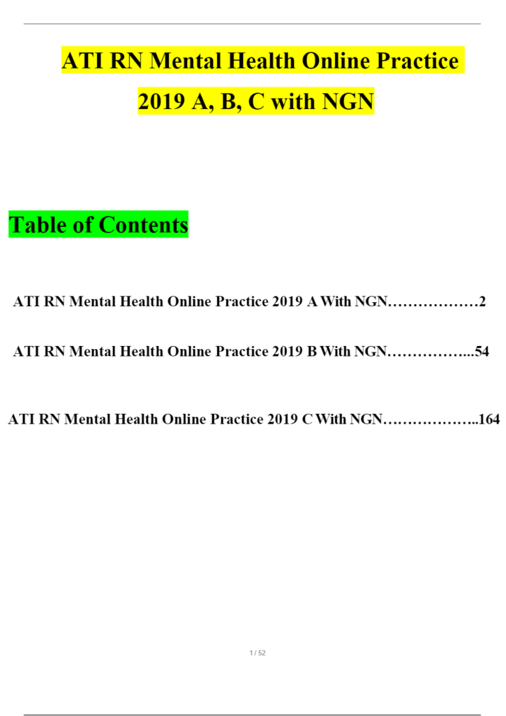 ATI RN Mental Health Online Practice 2019 A, B, C with NGN Questions