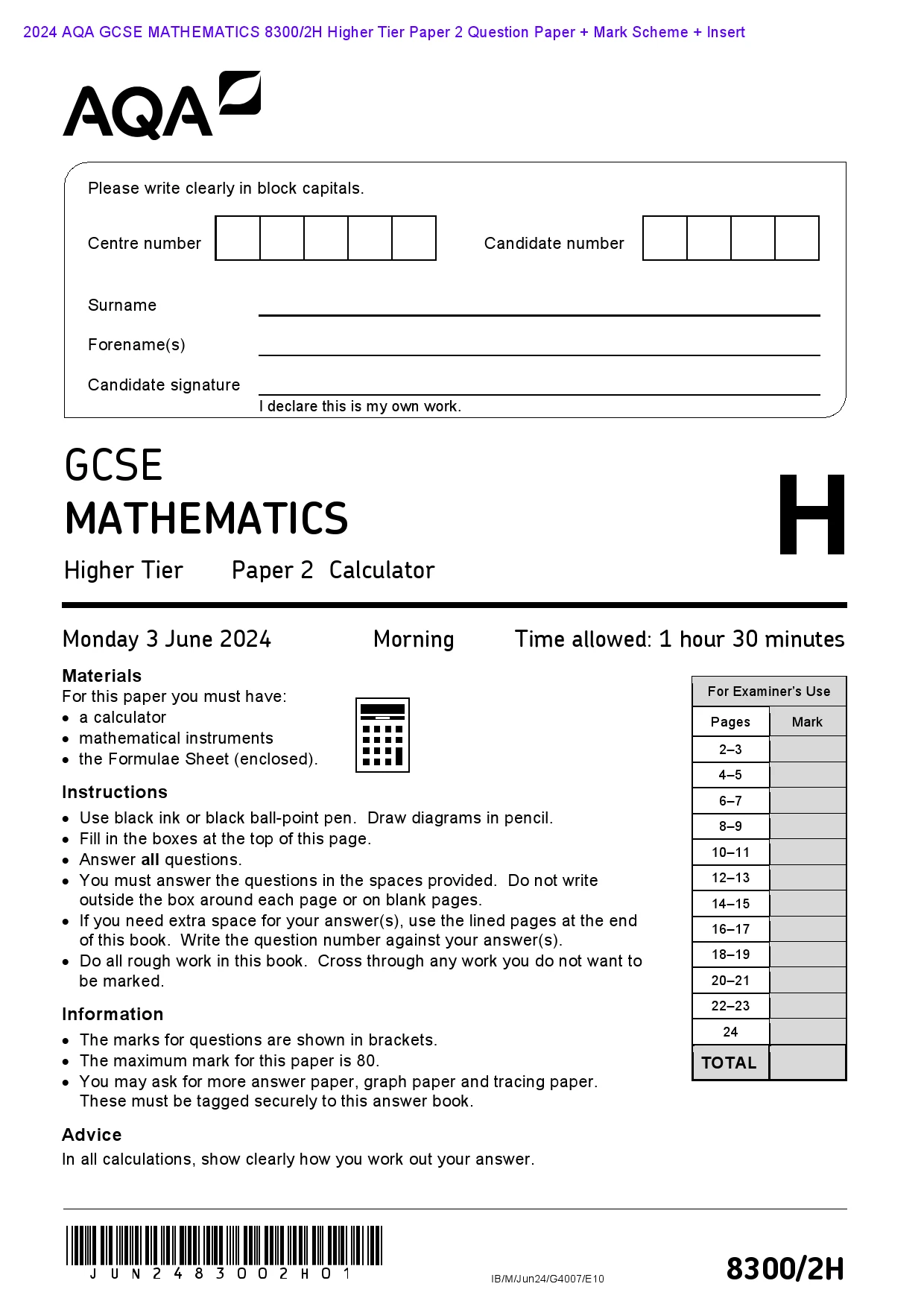 2025 2026 AQA GCSE MATHEMATICS 8300 2H Higher Tier Paper 2 Calculator 2025 2026 aqa gcse mathematics 8300 2h higher tier paper 2 calculator