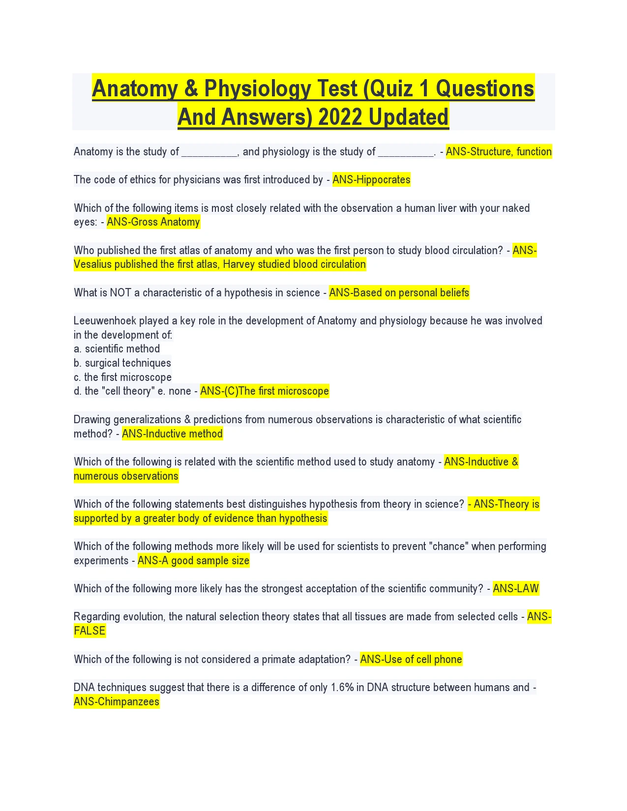 Anatomy Physiology Test Quiz 1 Questions And Answers 2025 2026 Updated Anatomy physiology test quiz 1 questions and answers 2025 2026 updated