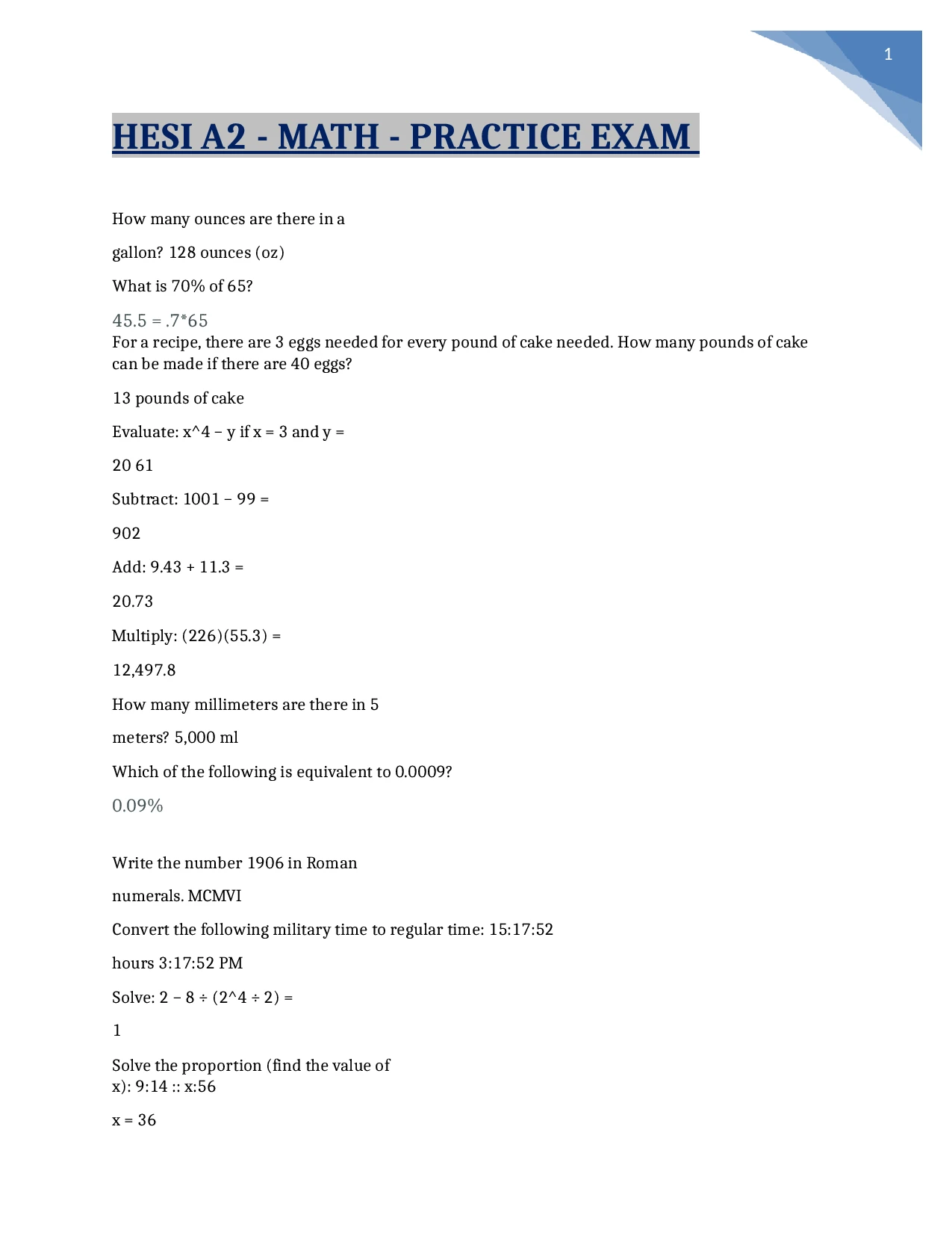 HESI A2 MATH PRACTICE EXAM Hesi a2 math practice exam