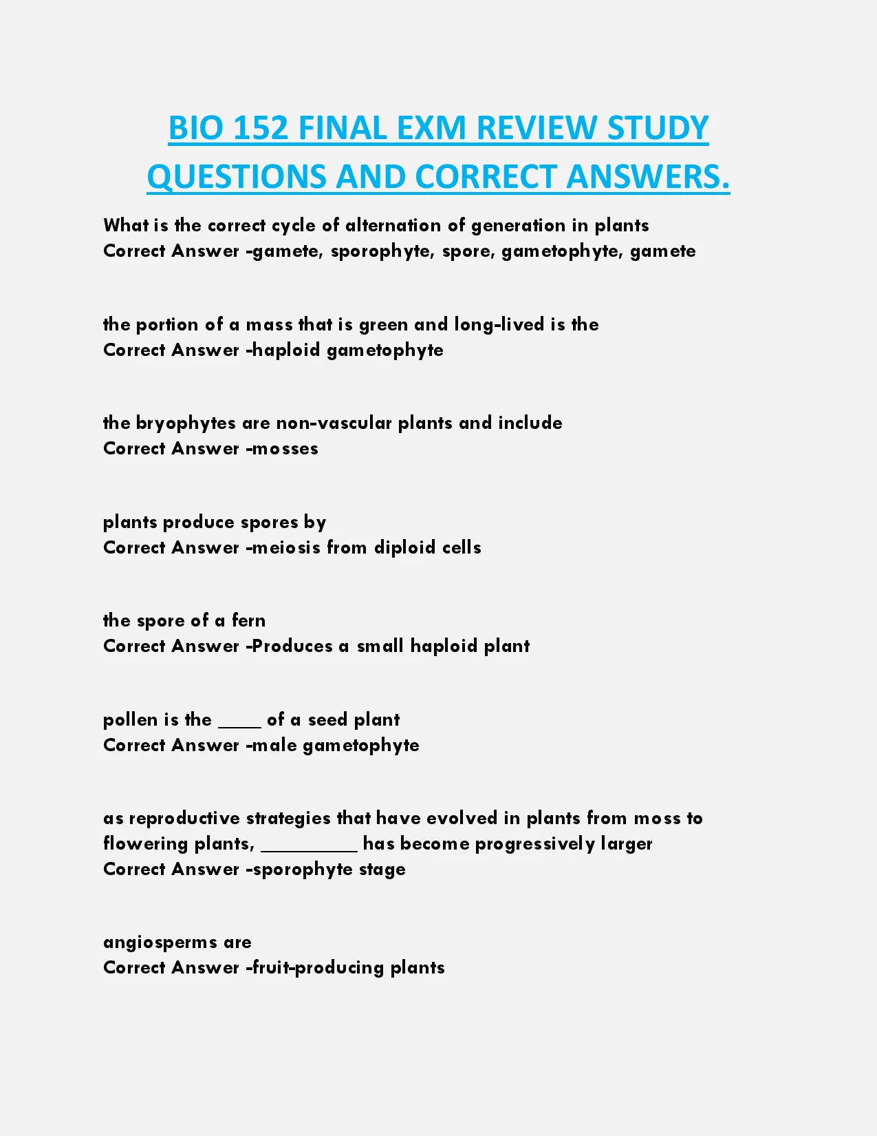 BIO 152 FINAL EXM REVIEW STUDY QUESTIONS AND CORRECT ANSWERS.