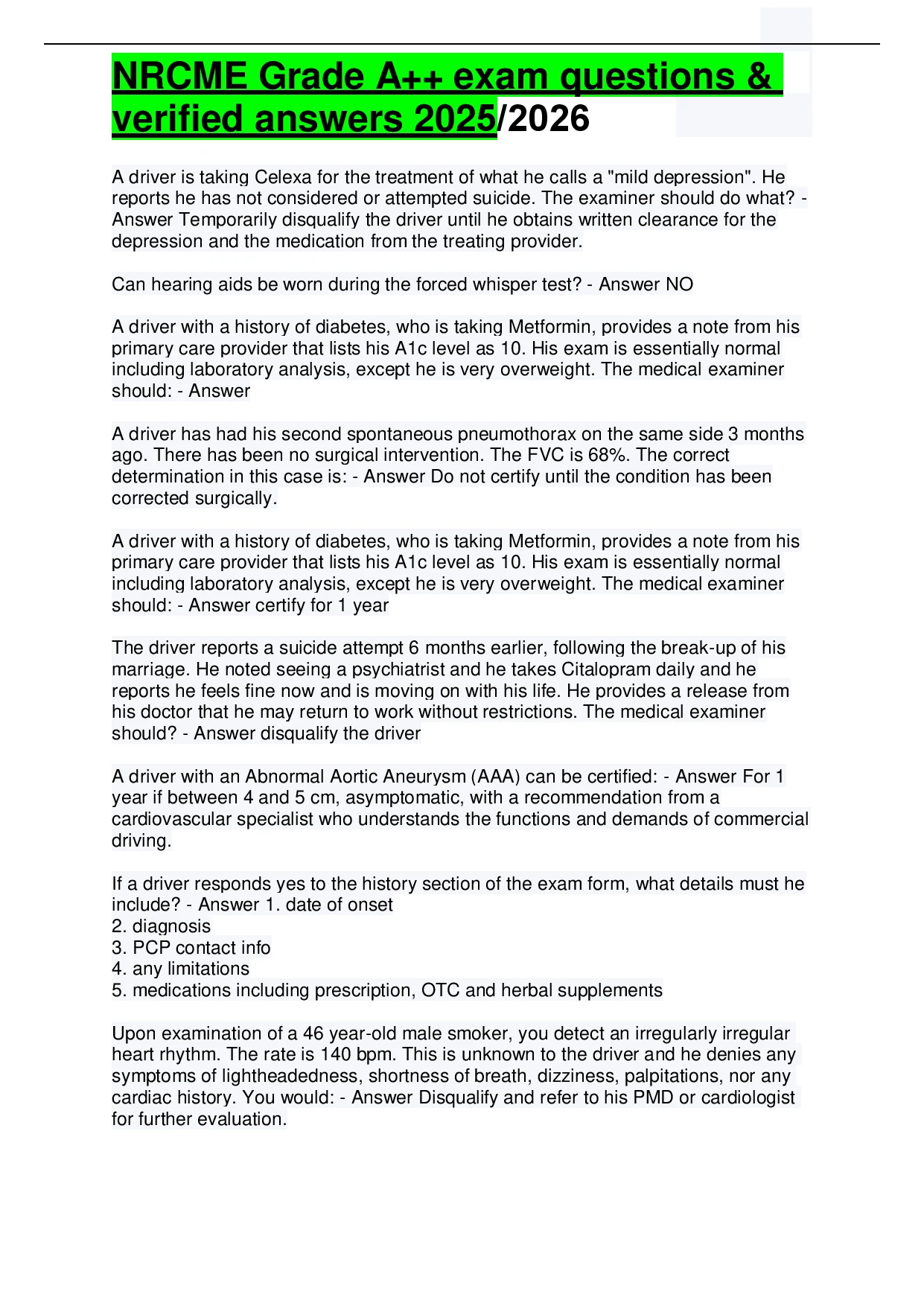 NRCME Grade A++ exam questions & verified answers 2025/2026