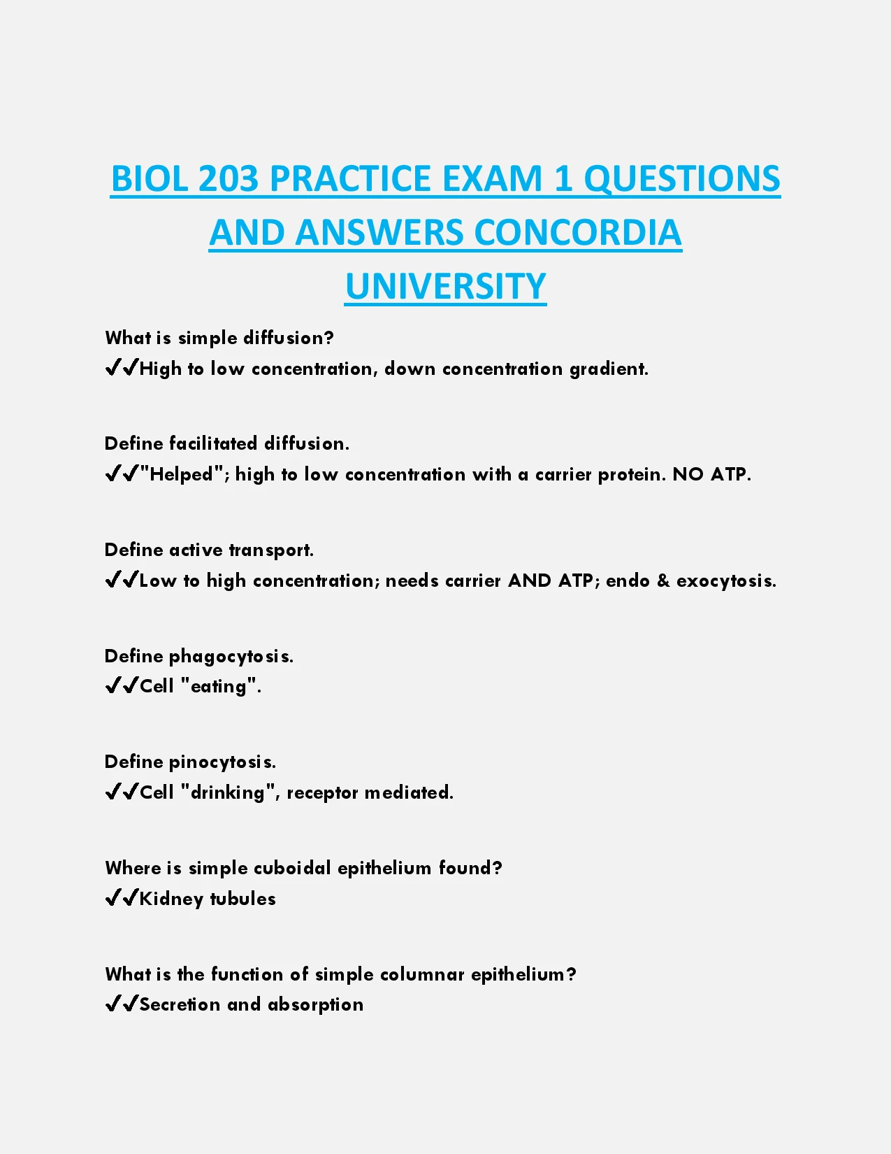 BIOL 203 PRACTICE EXAM 1 QUESTIONS AND ANSWERS CONCORDIA UNIVERSITY