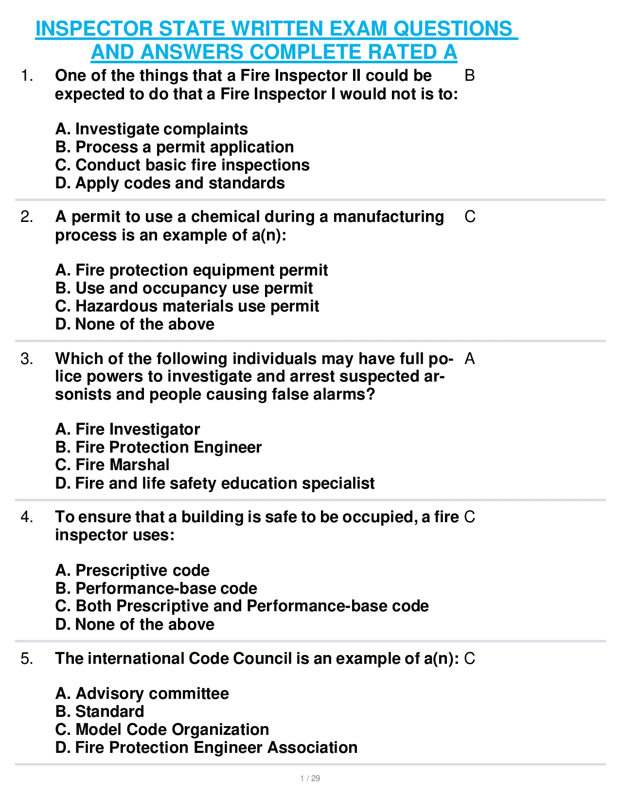 INSPECTOR STATE WRITTEN EXAM QUESTIONS AND ANSWERS COMPLETE RATED A