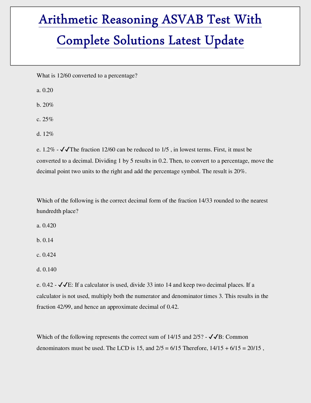 Arithmetic Reasoning ASVAB Test Latest Update With Complete Solutions
