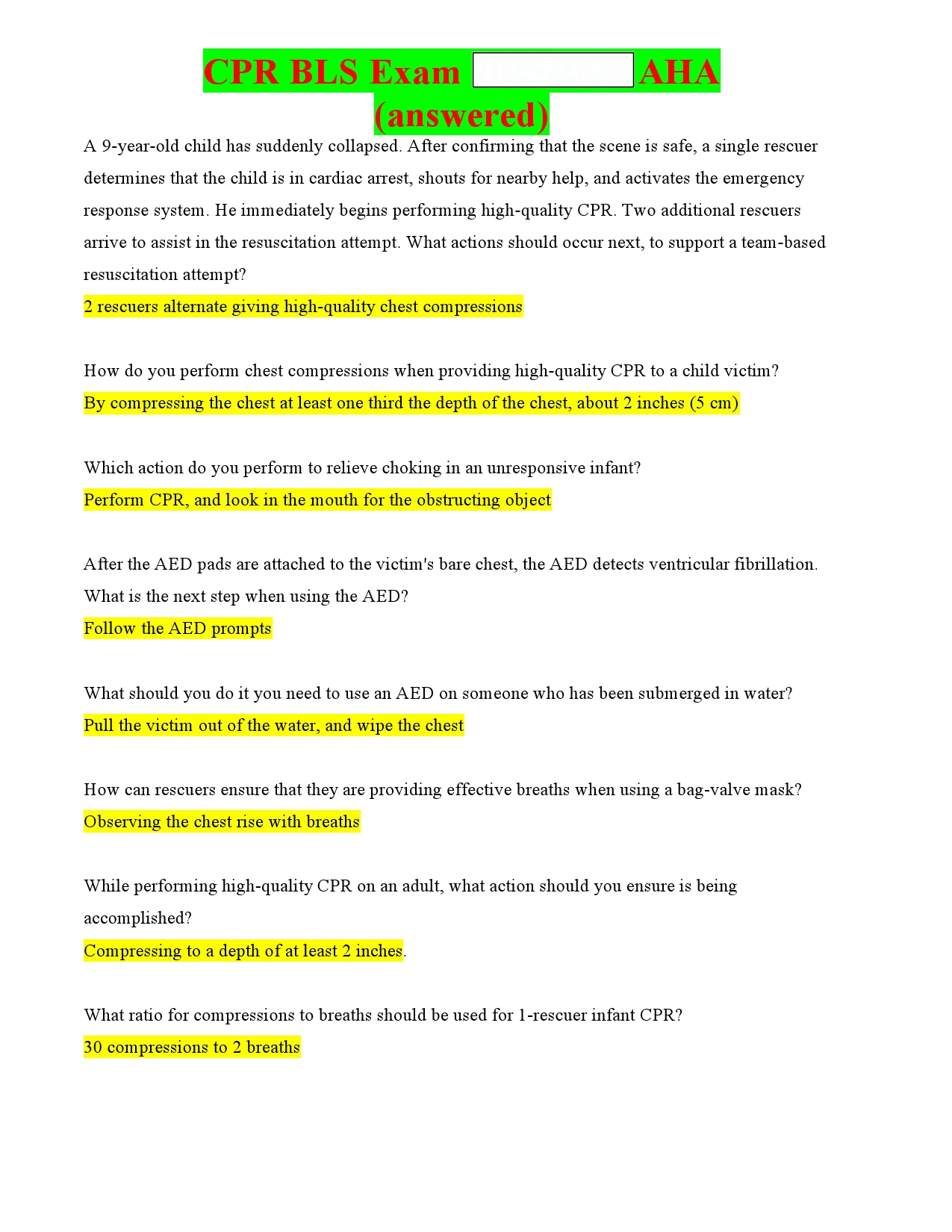 Cpr Bls Exam Aha Answered