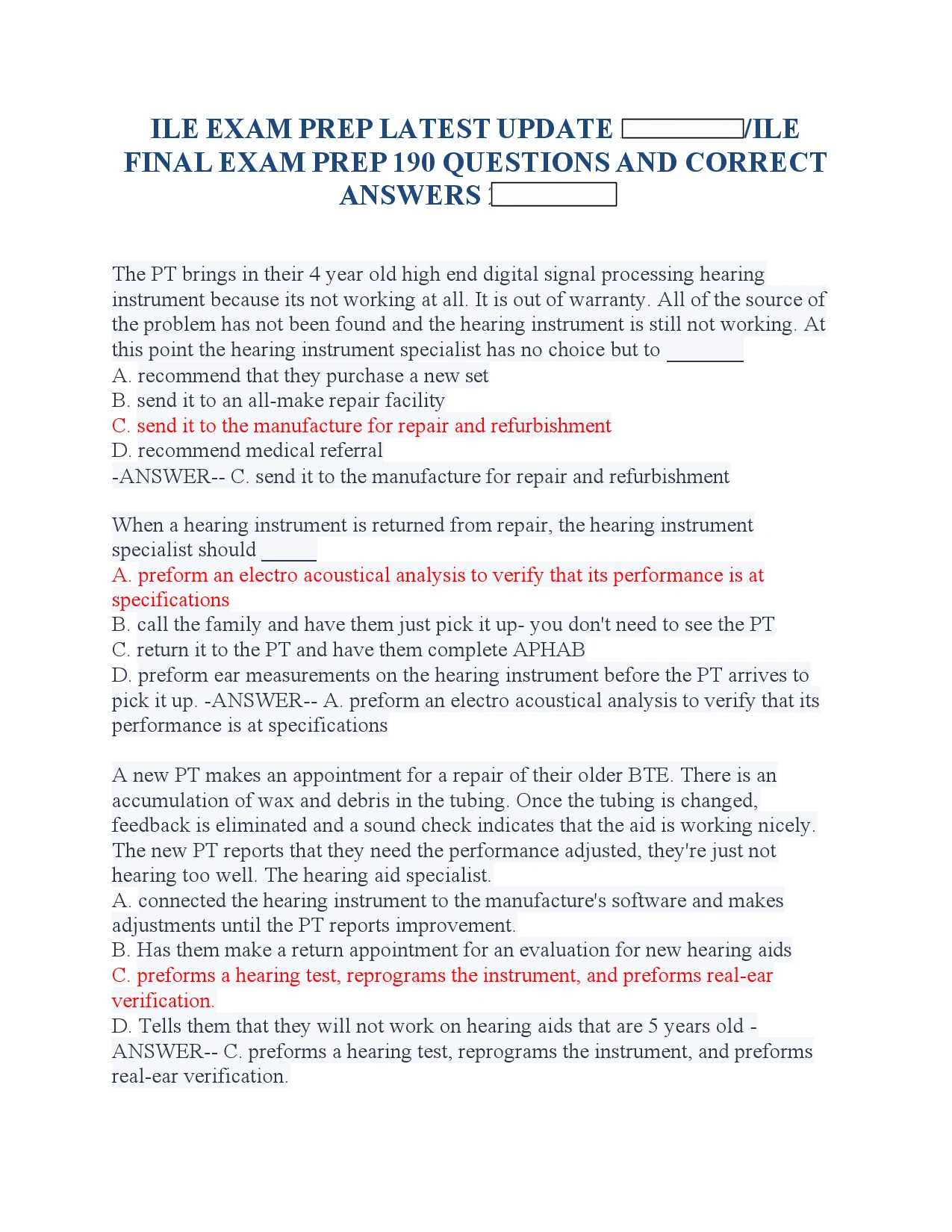 ILE EXAM PREP LATEST UPDATE /ILE FINAL EXAM PREP 190 QUESTIONS AND ...