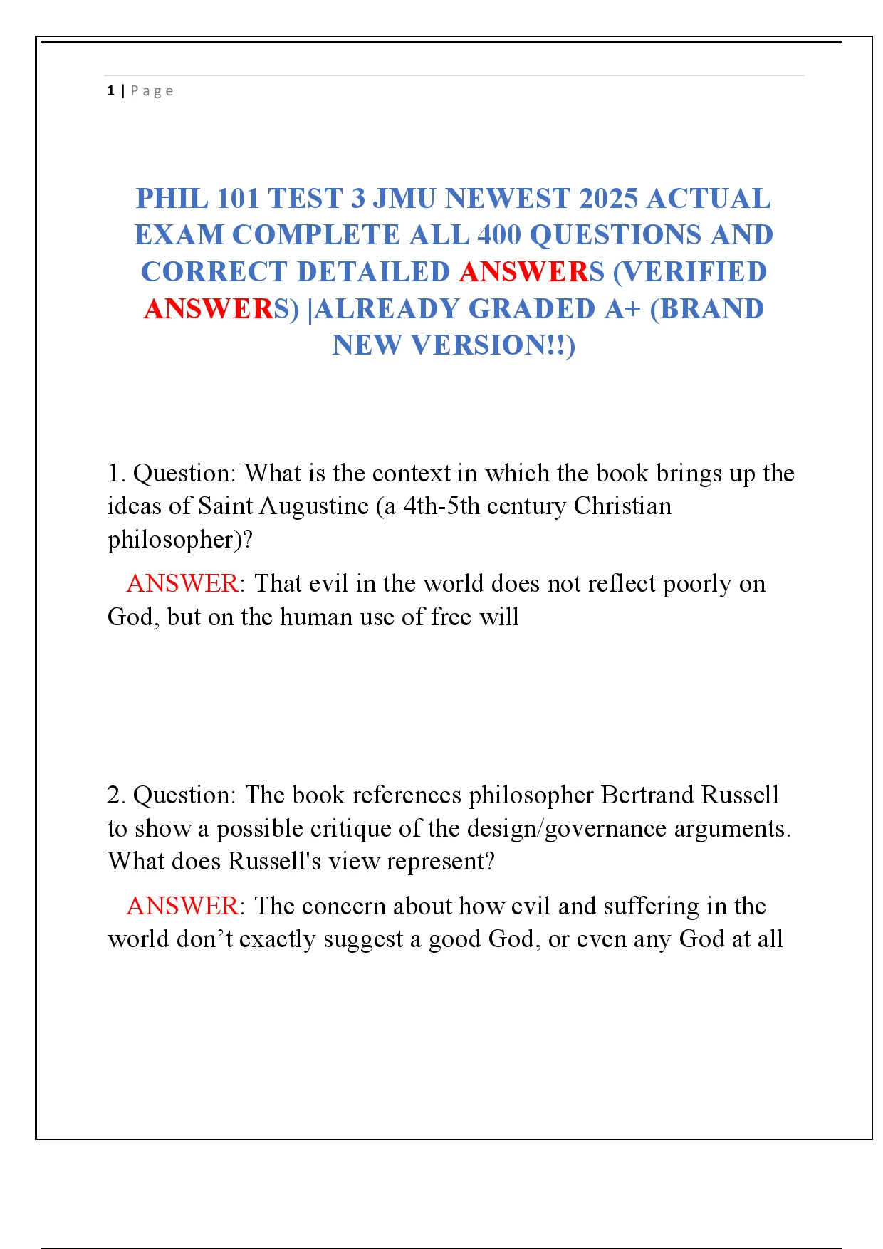 PHIL 101 TEST 3 JMU NEWEST 2025 ACTUAL EXAM COMPLETE ALL 400 QUESTIONS ...