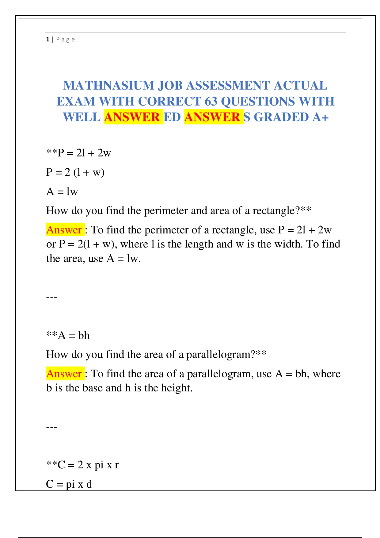 Mathnesium Math Problems MATHNASIUM JOB ASSESSMENT ACTUAL EXAM WITH CORRECT 63 QUESTIONS WITH ...
