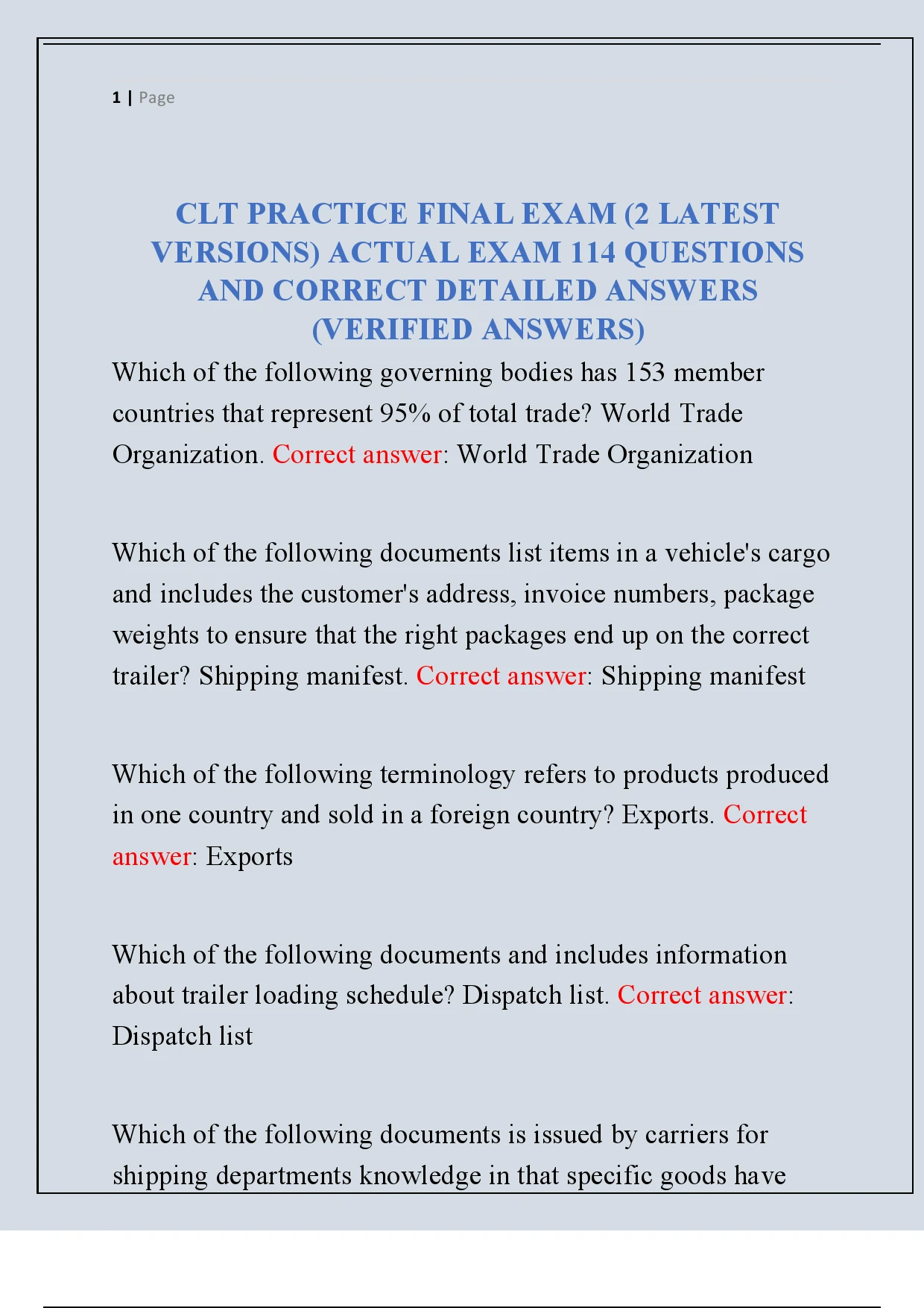 CLT PRACTICE FINAL EXAM (2 LATEST VERSIONS) ACTUAL EXAM 114 QUESTIONS ...