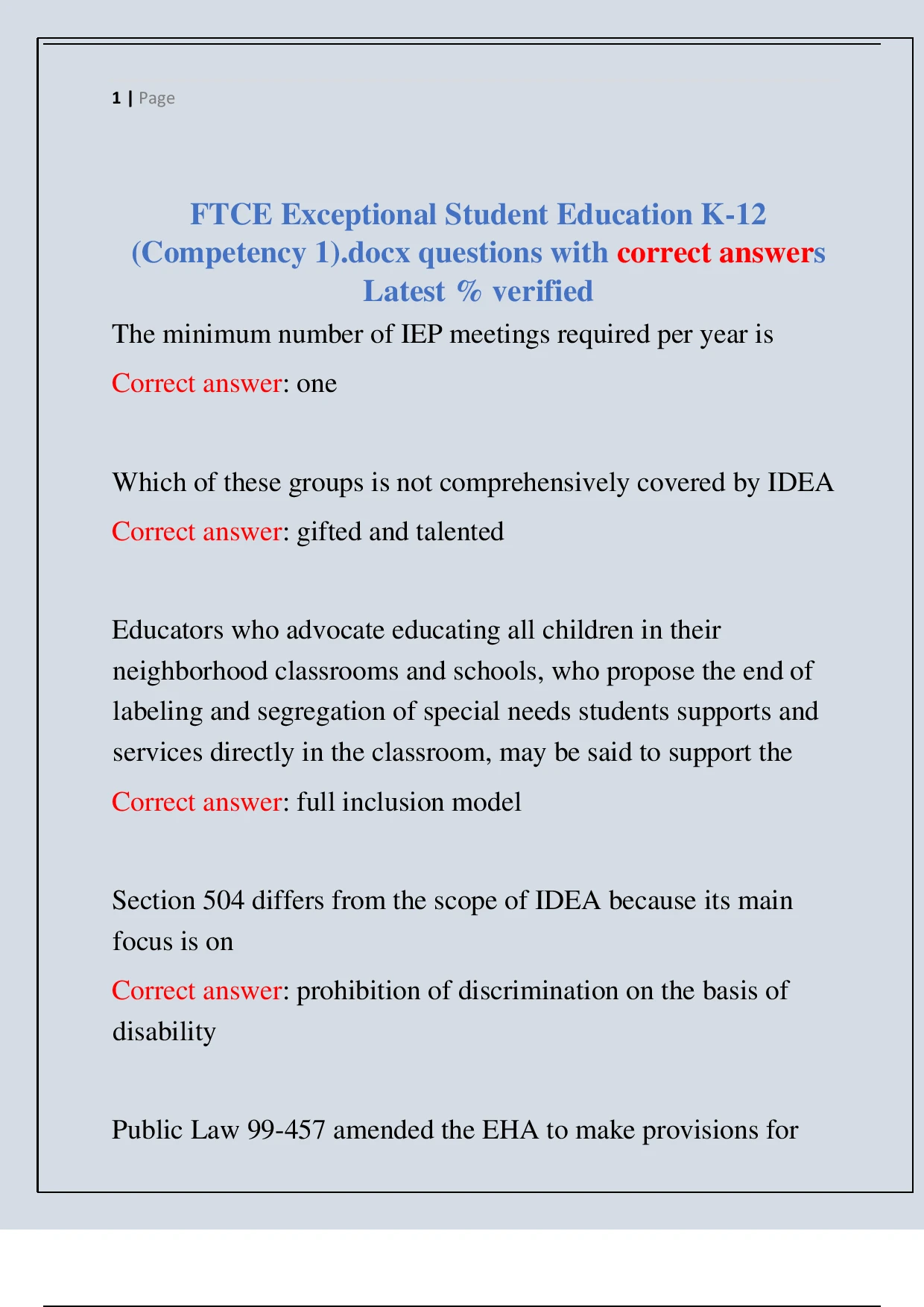 FTCE Exceptional Student Education K-12 (Competency 1).docx questions ...