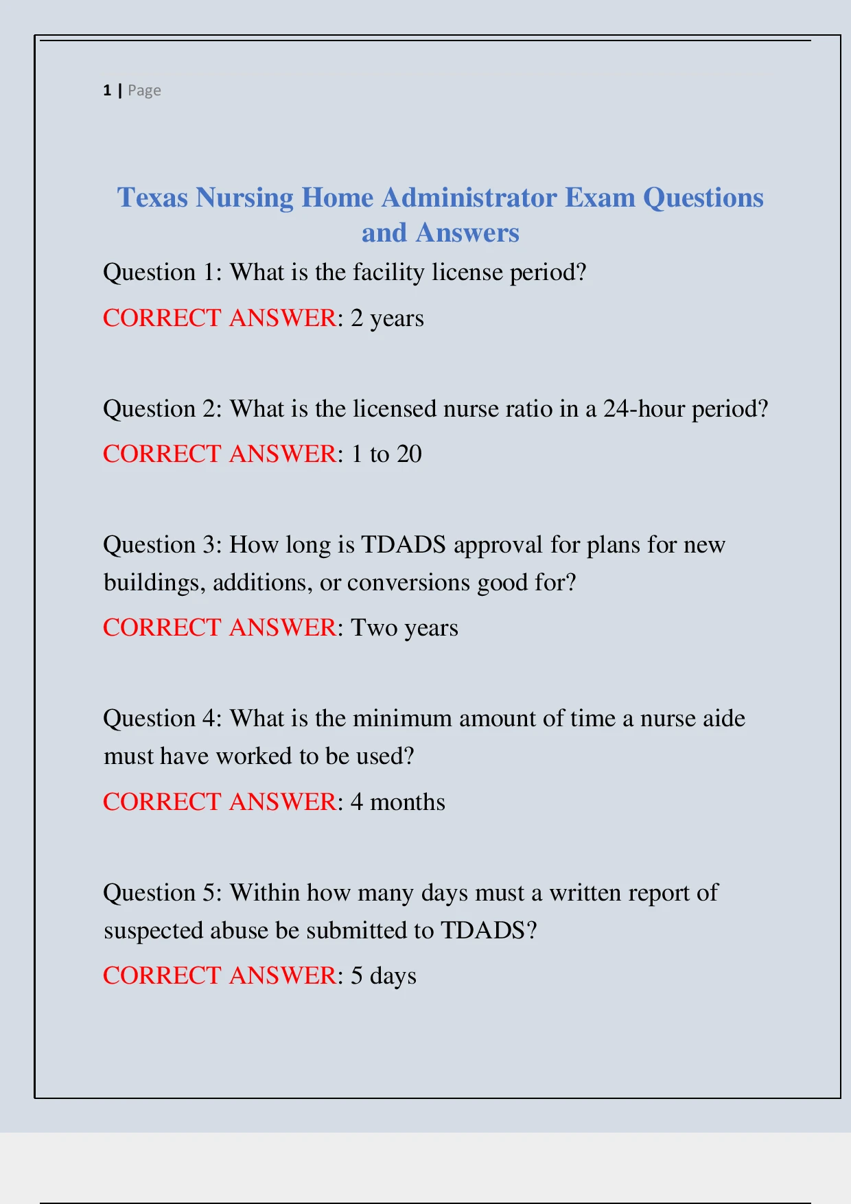 Texas Nursing Home Administrator Exam Questions and Answers