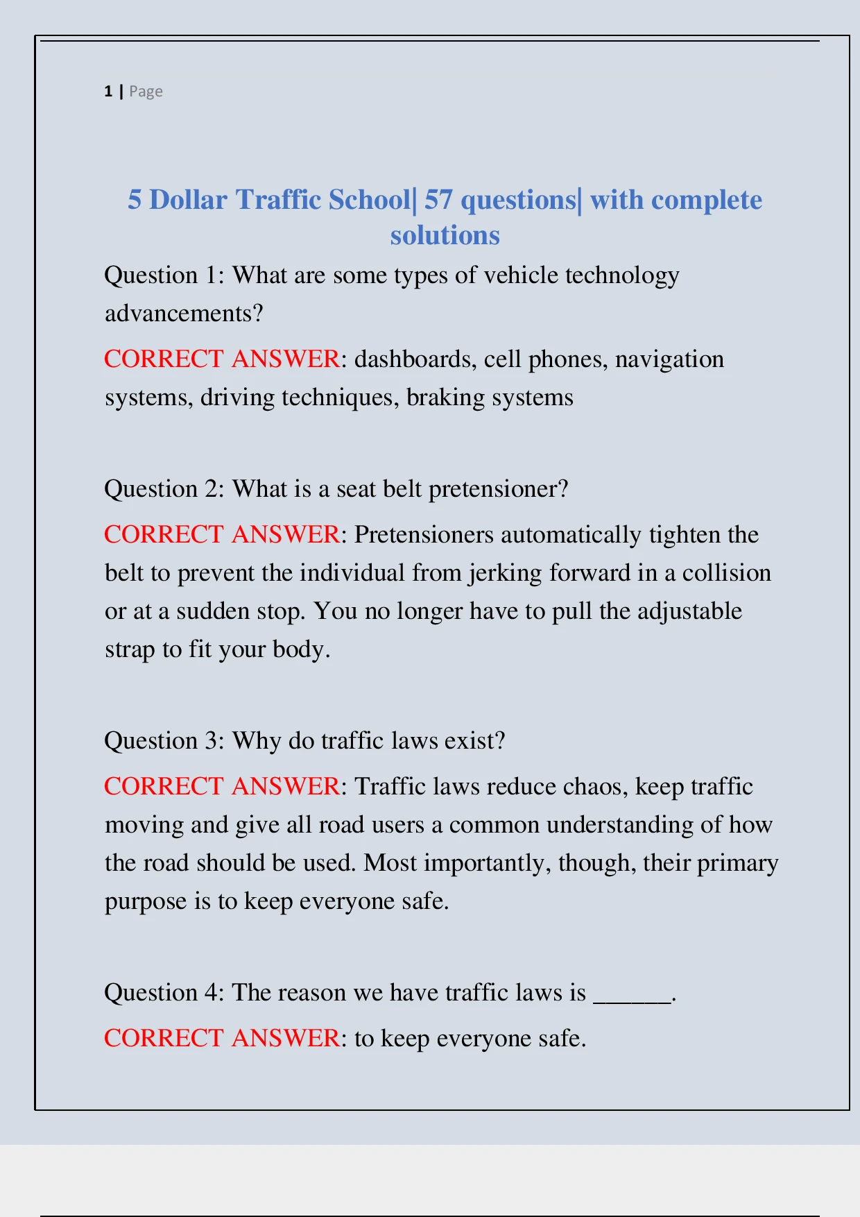 5 Dollar Traffic School 57 questions with complete solutions