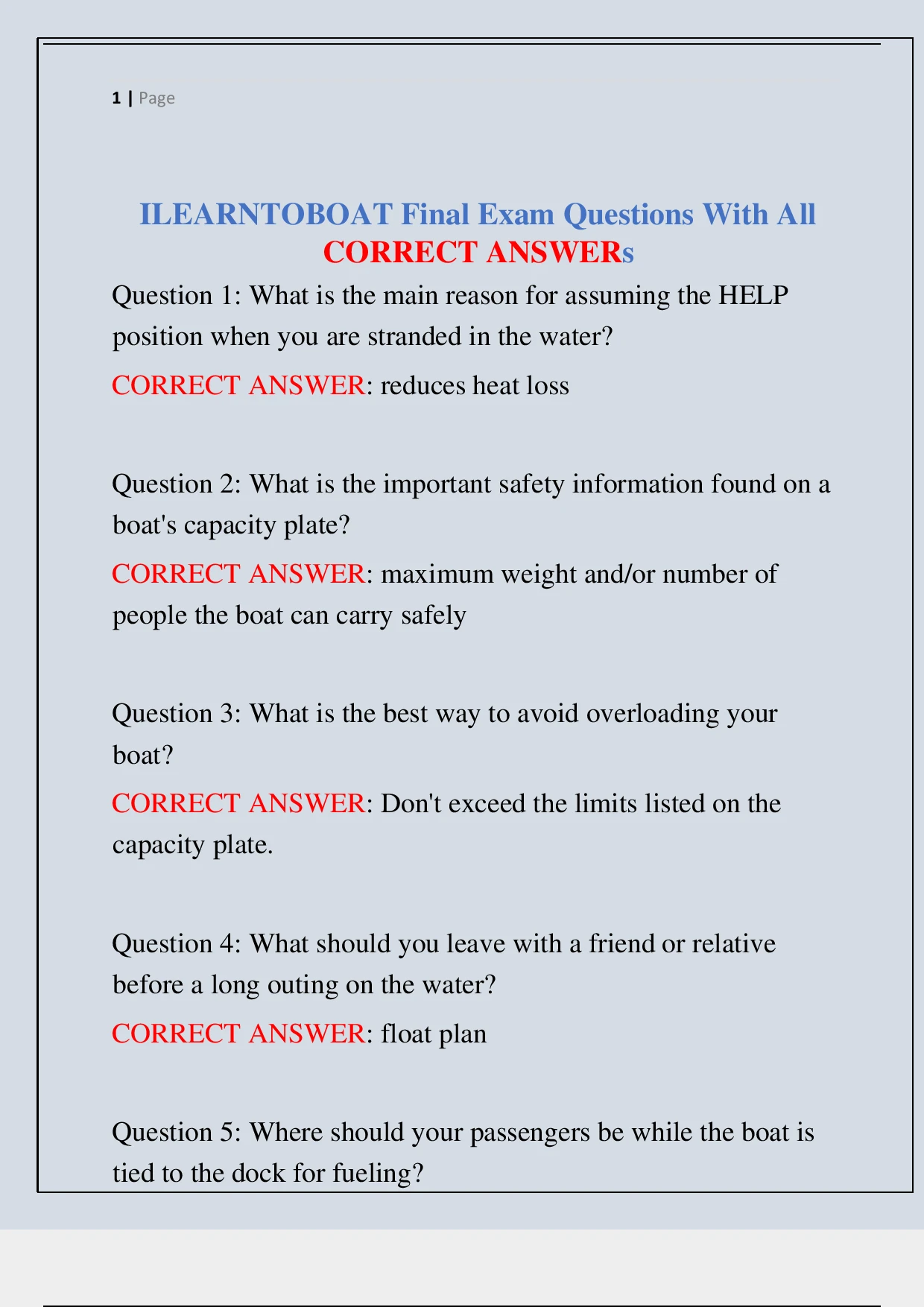 ILEARNTOBOAT Final Exam Questions With All CORRECT ANSWERs