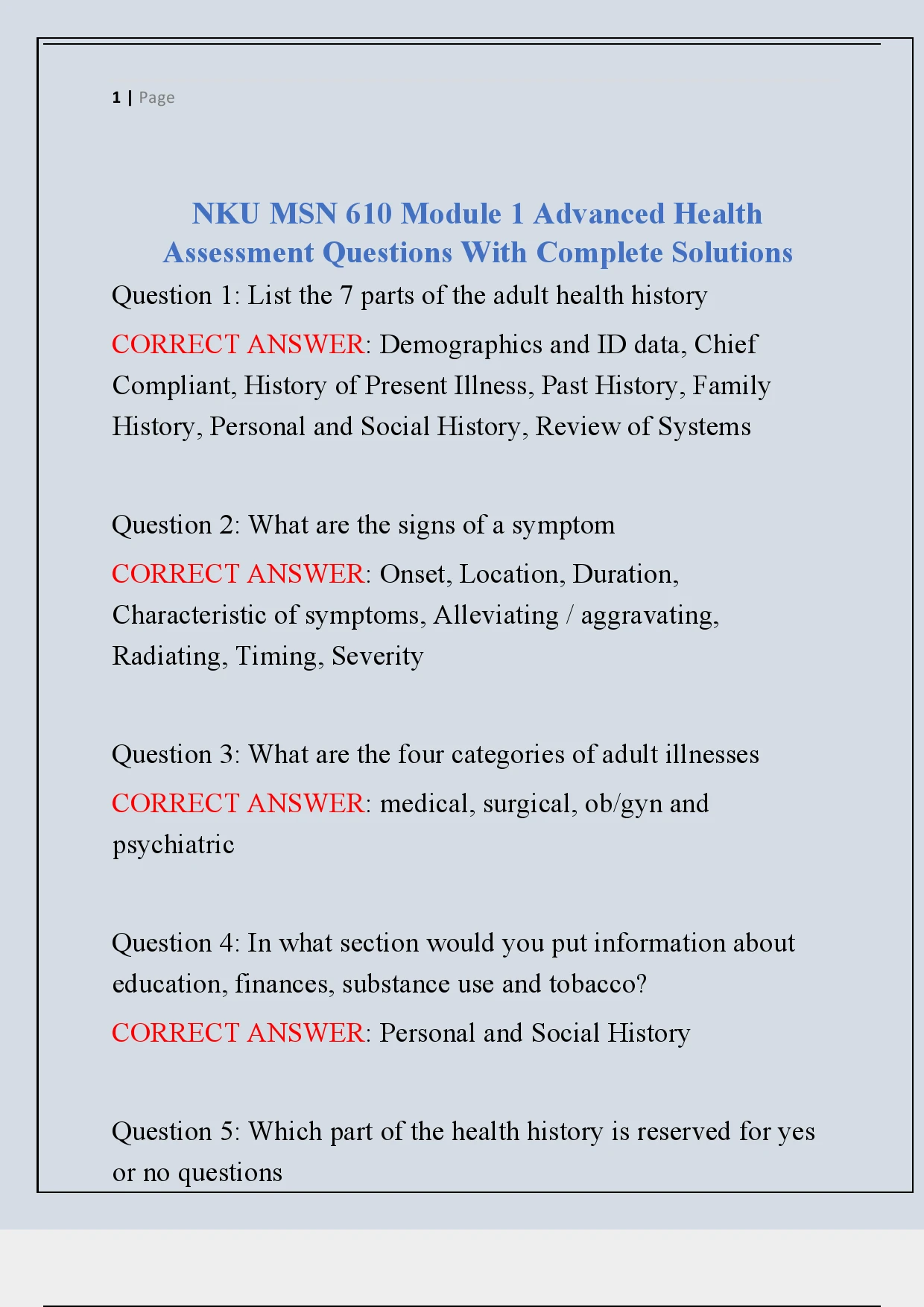 NKU MSN 610 Module 1 Advanced Health Assessment Questions With Complete ...