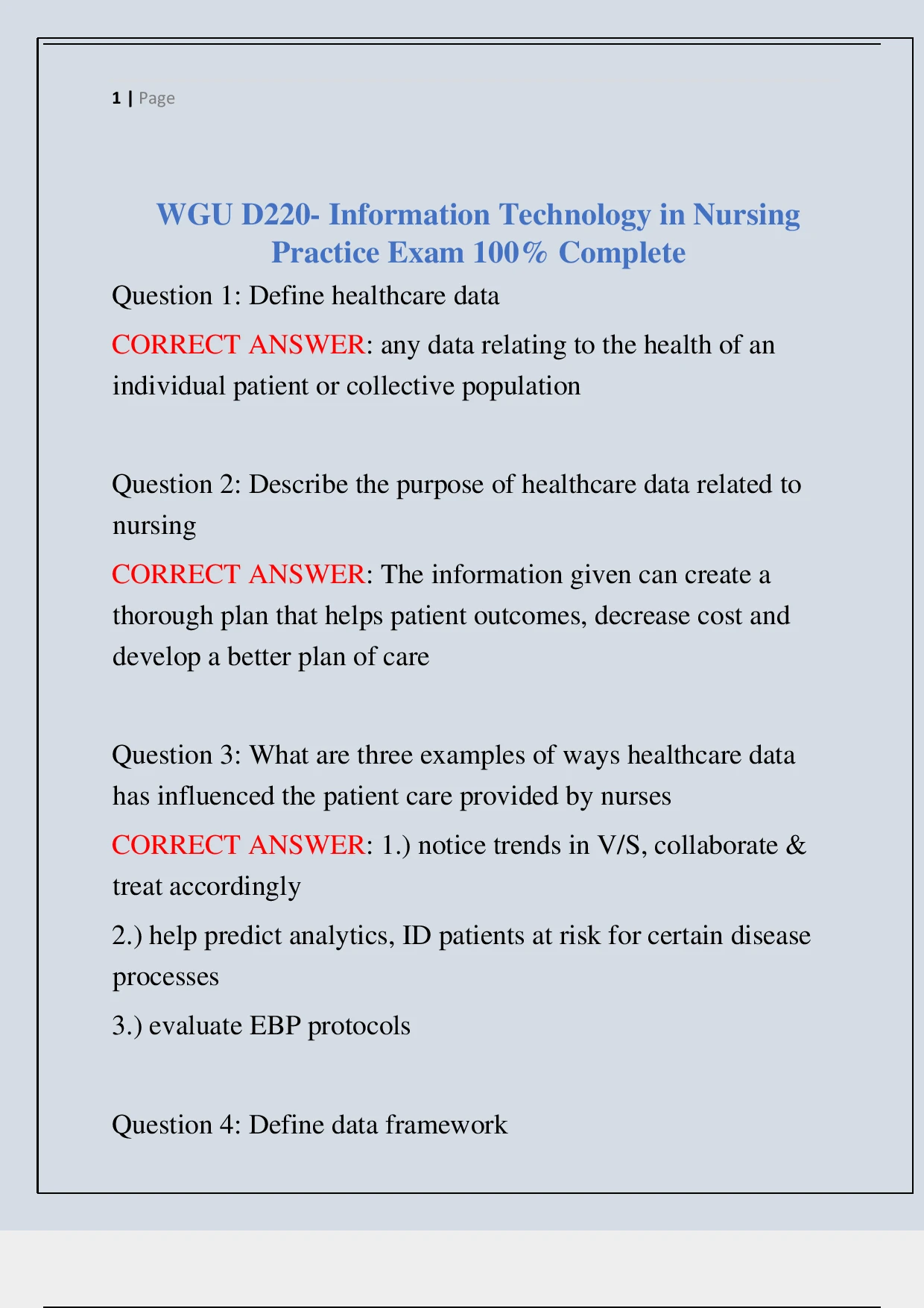 WGU D220- Information Technology in Nursing Practice Exam 100% Complete