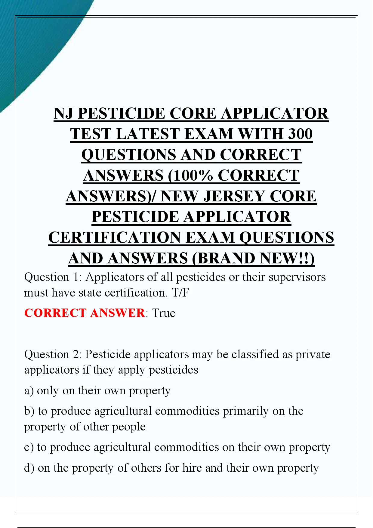 NJ PESTICIDE CORE APPLICATOR TEST LATEST EXAM WITH 300 QUESTIONS AND ...