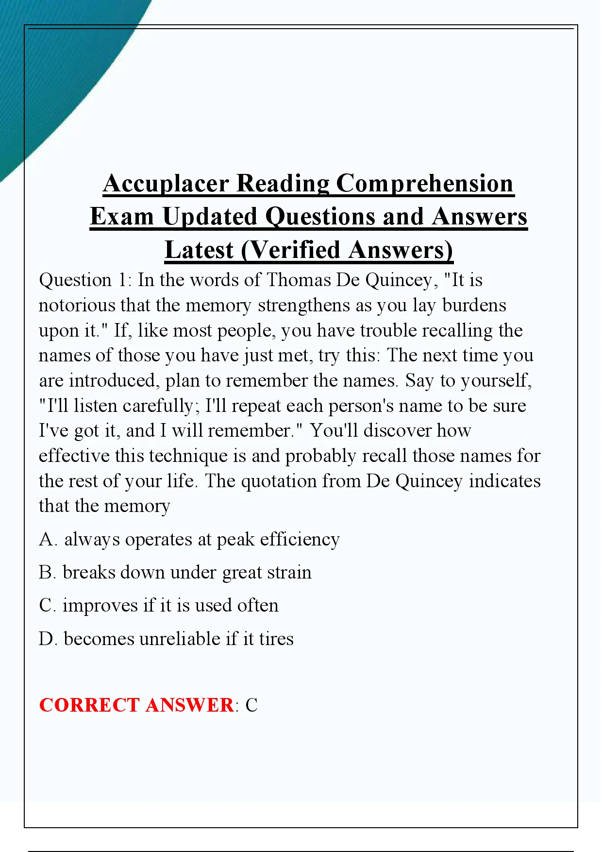 Accuplacer Reading Comprehension Exam Updated Questions and Answers ...