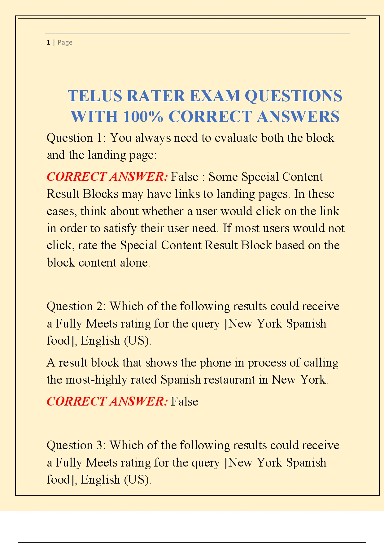TELUS RATER EXAM QUESTIONS WITH 100% CORRECT ANSWERS