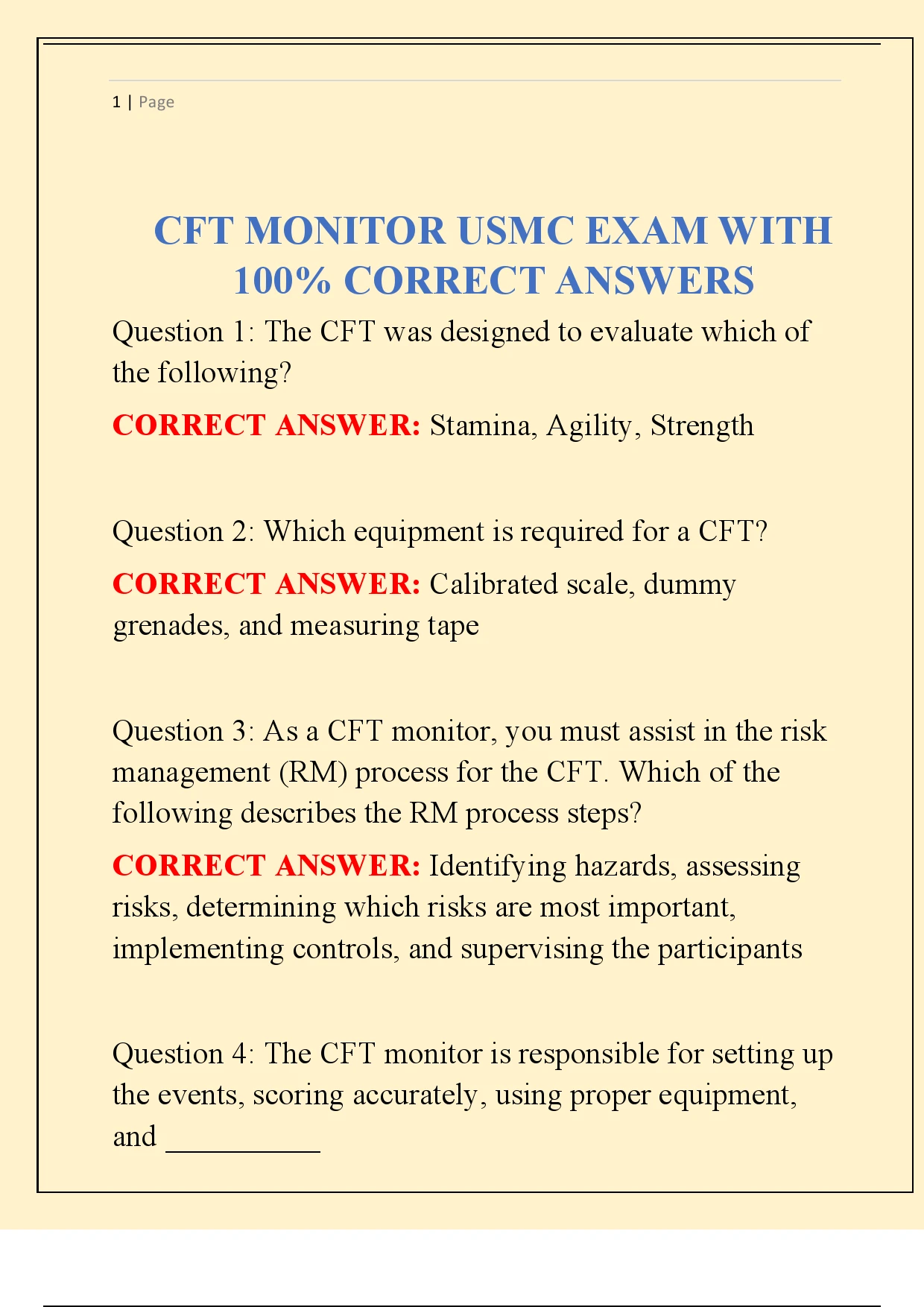 CFT MONITOR USMC EXAM WITH 100% CORRECT ANSWERS - CFT MONITOR USMC EXAM ...