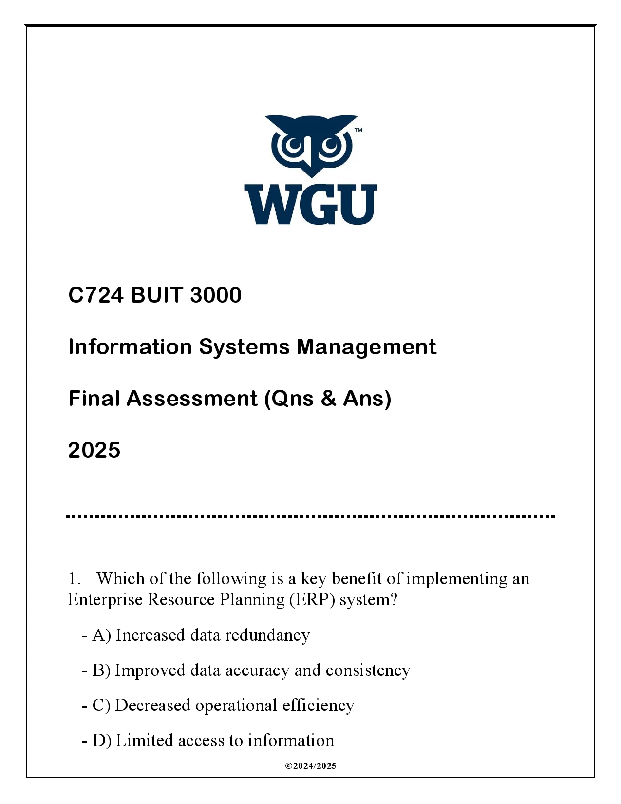WGU C724 BUIT 3000 Information Systems Management Final Assessment (Qns ...