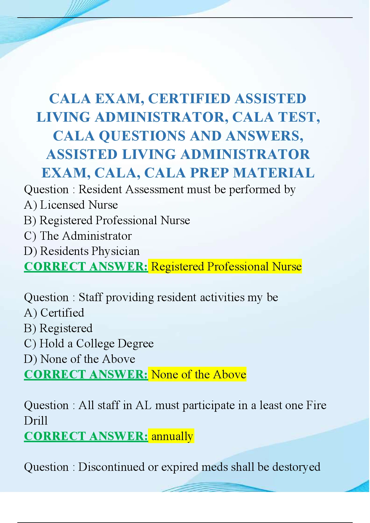 CALA EXAM, CERTIFIED ASSISTED LIVING ADMINISTRATOR, CALA TEST, CALA ...