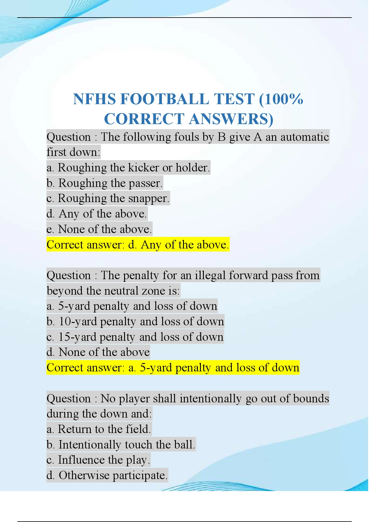 NFHS FOOTBALL TEST (100% CORRECT ANSWERS)