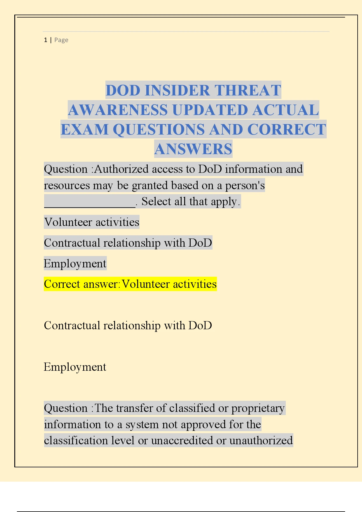 DOD INSIDER THREAT AWARENESS UPDATED ACTUAL EXAM QUESTIONS AND CORRECT Dod insider threat awareness updated actual exam questions and correct