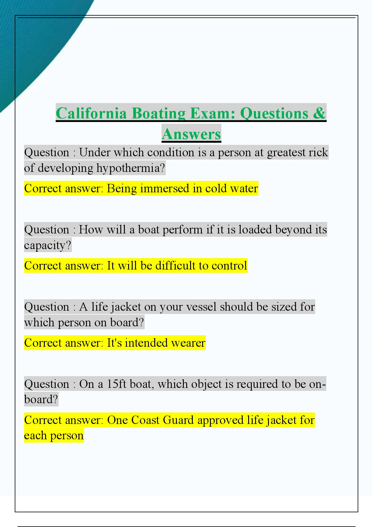 California Boater Card Questions and Answers (Graded A)
