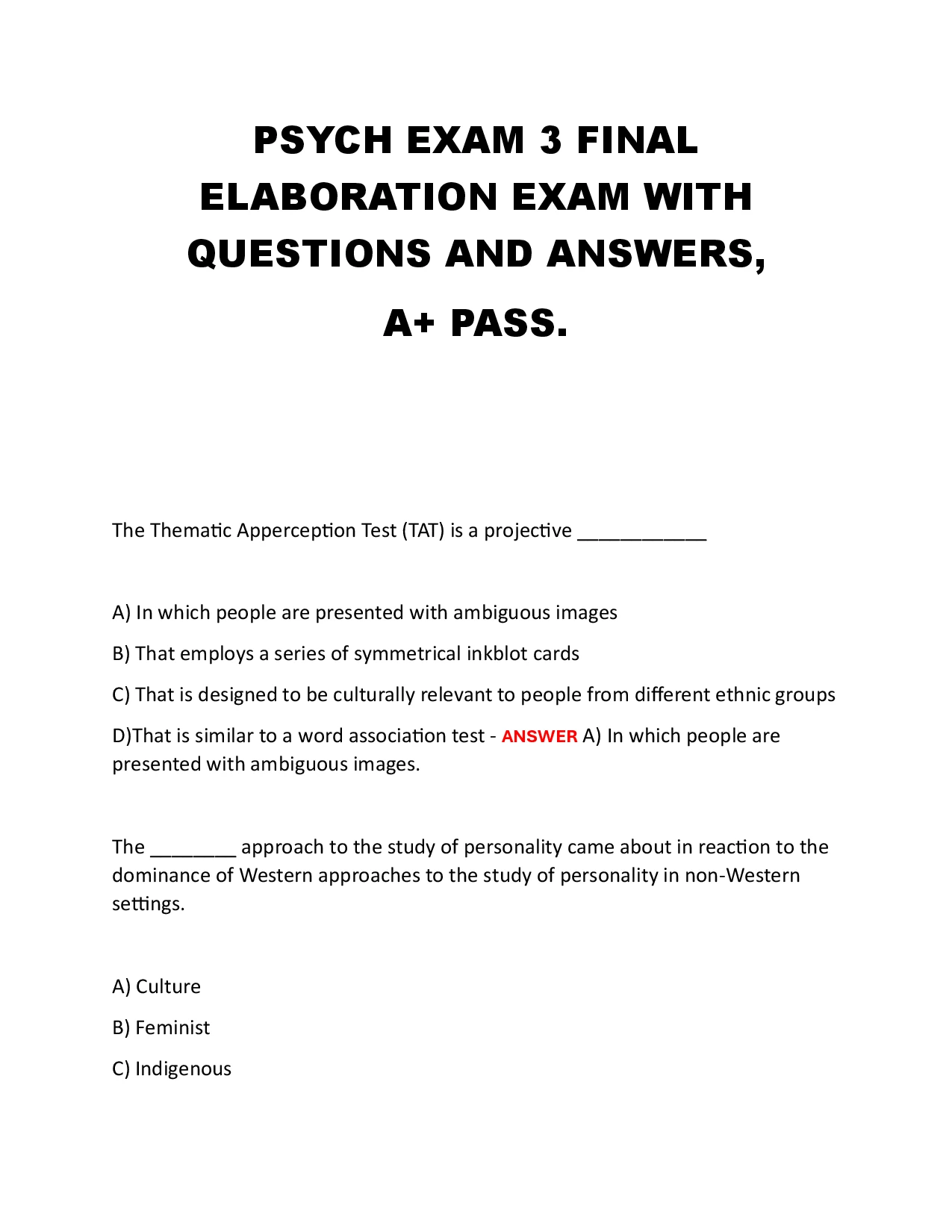 PSYCH EXAM 3 FINAL ELABORATION EXAM WITH QUESTIONS AND ANSWERS, A+ PASS.