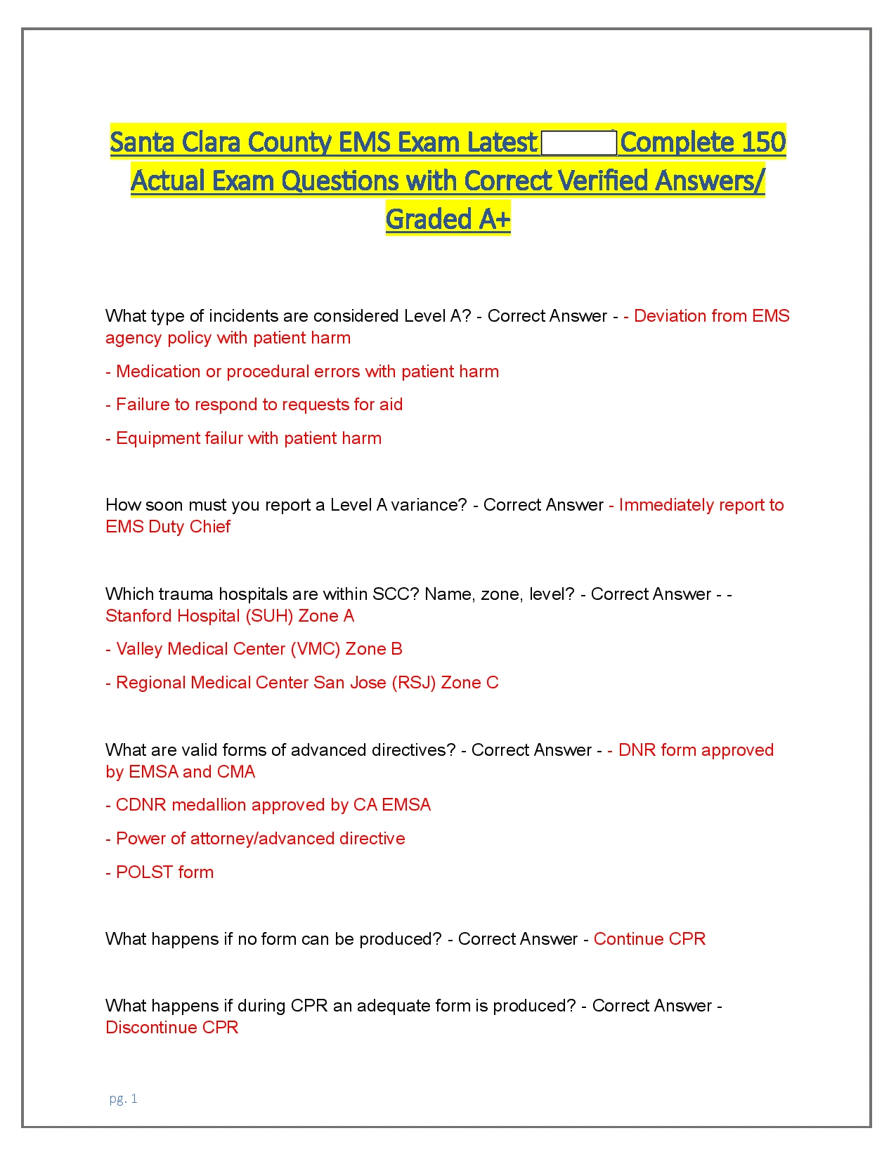 Santa Clara County EMS Exam Latest/ Complete 150 Actual Exam Questions ...